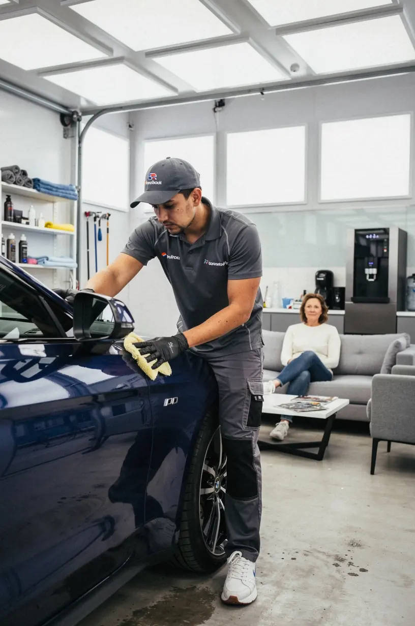 Technici vykonávajúci detailné čistenie a údržbu vozidla v profesionálnom autoservise